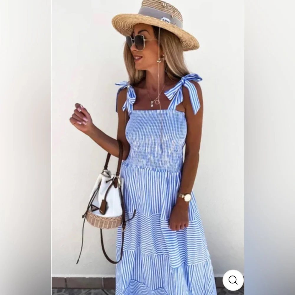 MARTINE Shirred Striped Maxi Dress - BLUE NWT - Picture 3 of 10